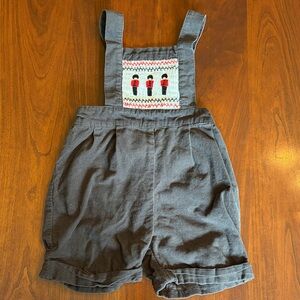 Smocked Gray Kids Short Overalls with Embroidered Detail